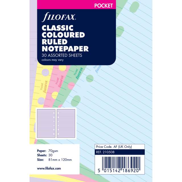 FILOFAX POCKET REFILL CLASSIC COLOUR RULED 30PK