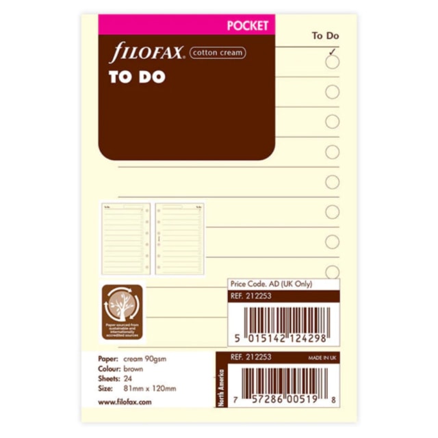 FILOFAX PKT COTT CREAM TO DO REFILL 20PK