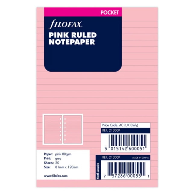 FILOFAX PKT PINK REFILL RULED 20PK
