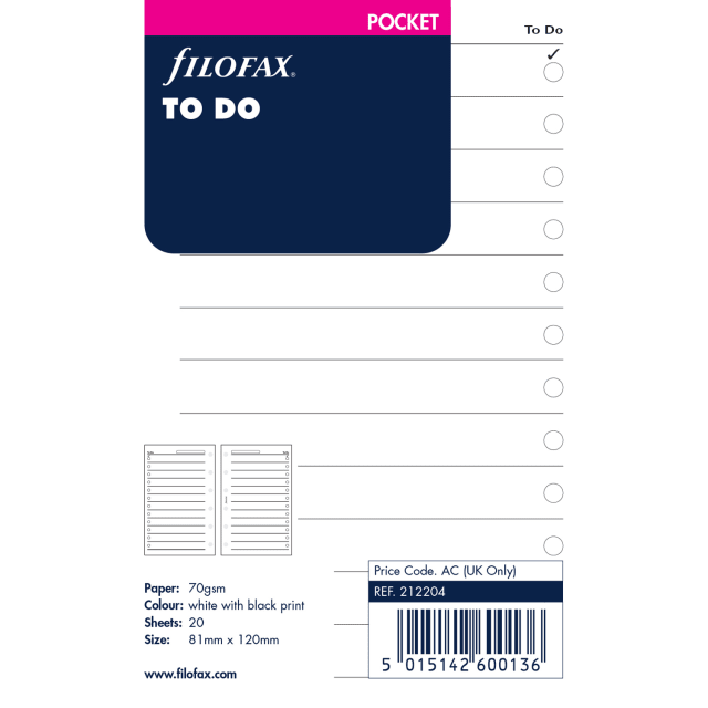 FILOFAX POCKET REFILL WHITE TO DO 20pk