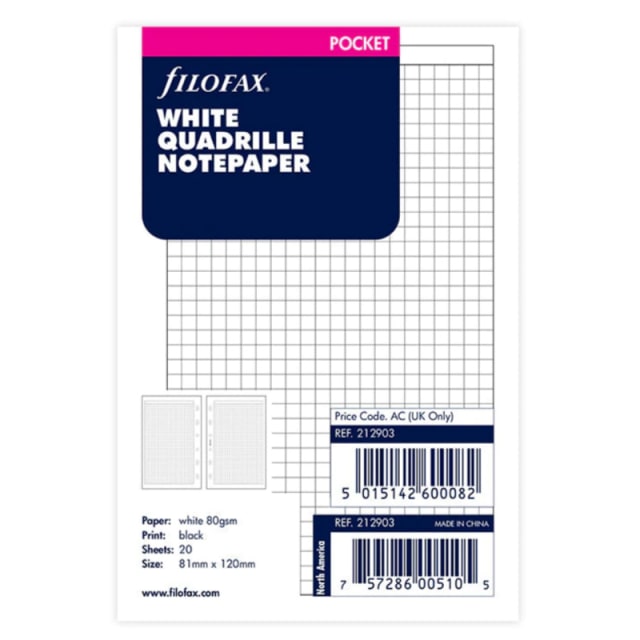 FILOFAX PKT WHITE REFILL QUADRILLE 20PK
