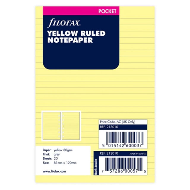 FILOFAX PKT YELLOW REFILL RULED 20pk