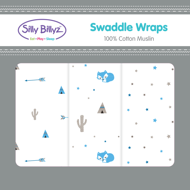 SILLY BILLYZ MUSLIN SWADDLE WRAP 3PK - FOX ARROW