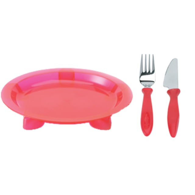 STEADYCO LETS EAT PLATE KNIFE FORK RED