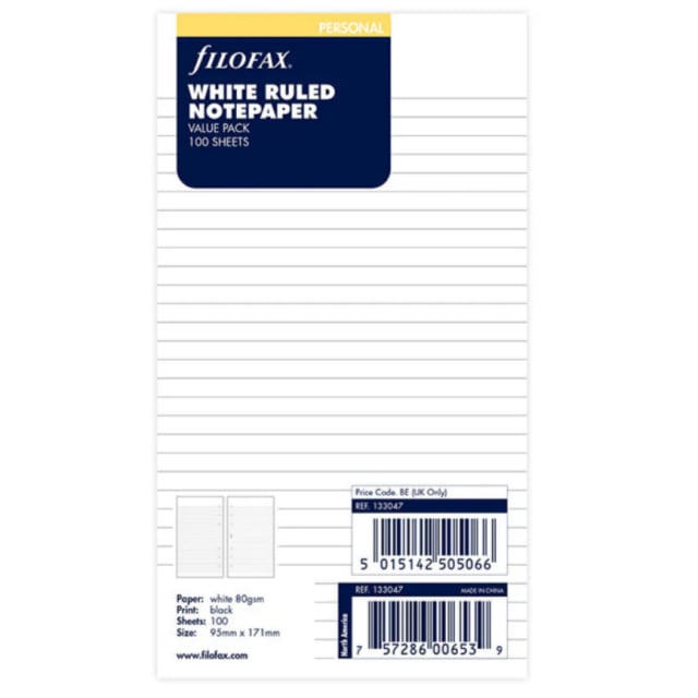 Filofax Personal Refill Ruled Paper White 100pk
