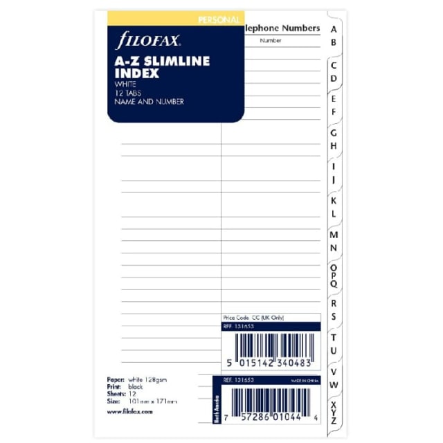 FILOFAX Per Refill Slim A-Z Index Name+Tel White