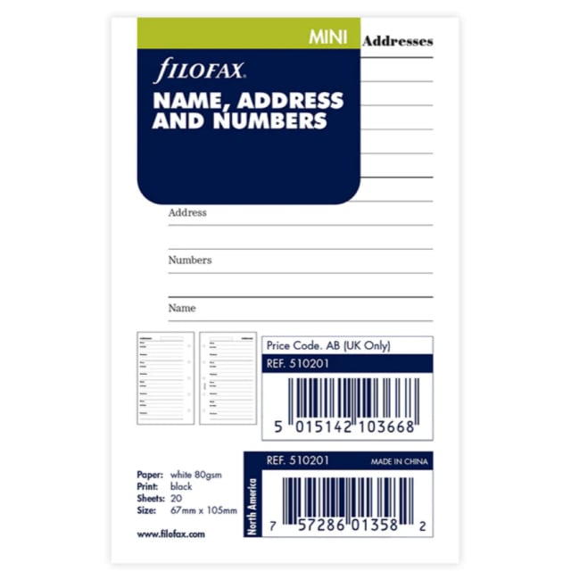 FILOFAX Mini Refill Name/Address/Tel Ctn Cream