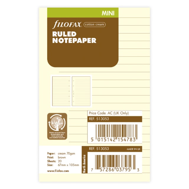 FILOFAX Mini Refill Ruled Paper Cott Cream 20pk
