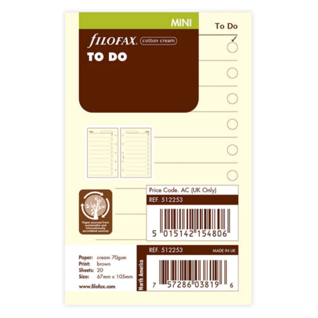 FILOFAX Mini Refill To Do Cotton Cream 20pk