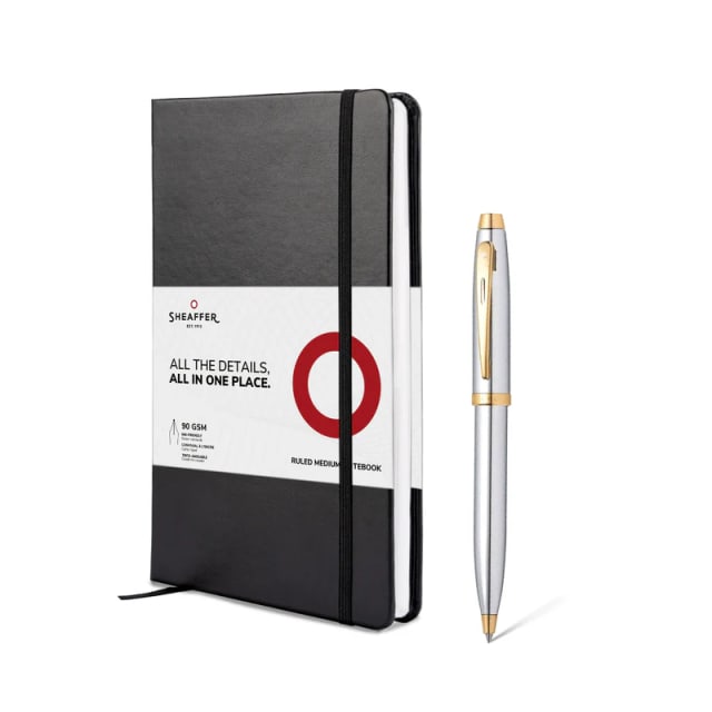 Sheaffer 100 Bright Chrome Gold Trim Ballpoint +A5 Notebook