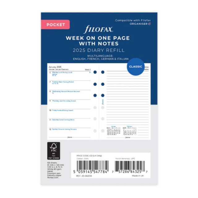 Filofax 2025 Pocket Refill Week to View w/nts 4 Language FSC
