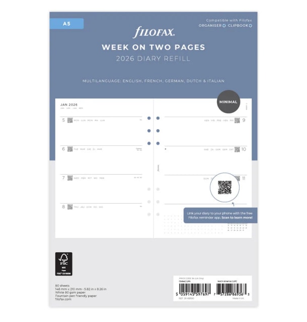 Filofax 2026 A4 Refill Week to View Vertical 5 Language FSC