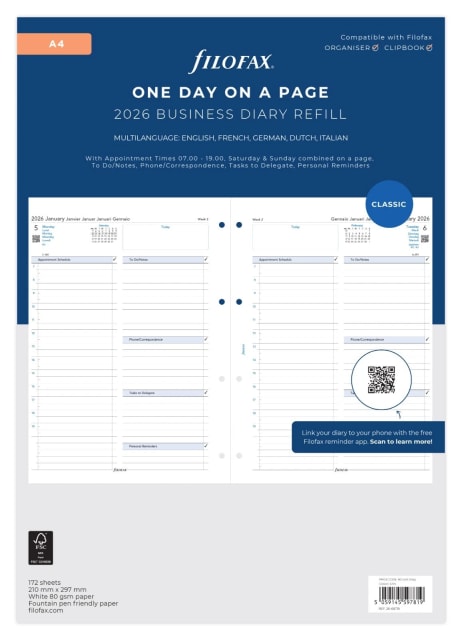 Filofax 2026 A4 Refill DTP w/ap Business 5 language FSC