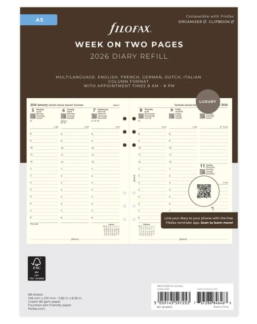 Filofax 2026 A5 Refill WTV Cot Crm 5Language FSC
