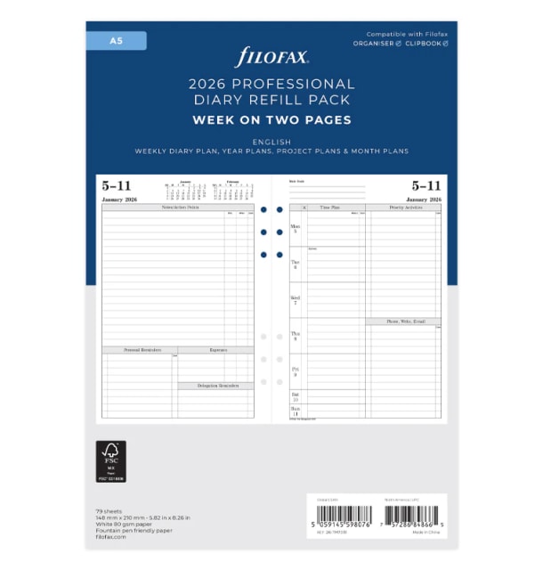 Filofax 2026 A5 Refill WTV W/Appts Eng FSC