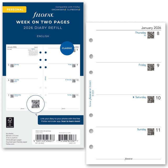 Filofax 2026 Personal Refill 2DTP 3 Lang FSC