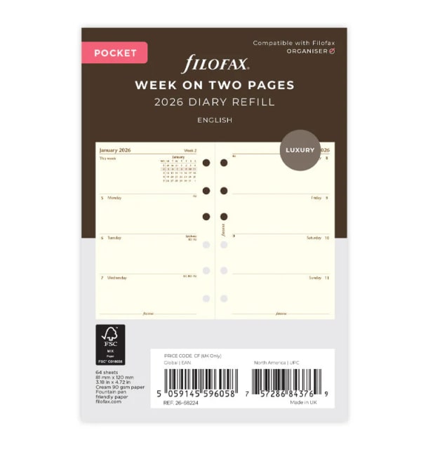 Filofax Pocket Refill week to view cotton cream 5 language FSC