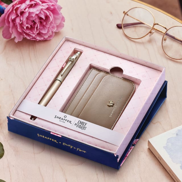 Sheaffer Gift Set ft. 100 Emily in Paris 9377 Champagne Gold Ballpoint Pen with Champagne Gold Trims and Full-Grain Credit Card Holder