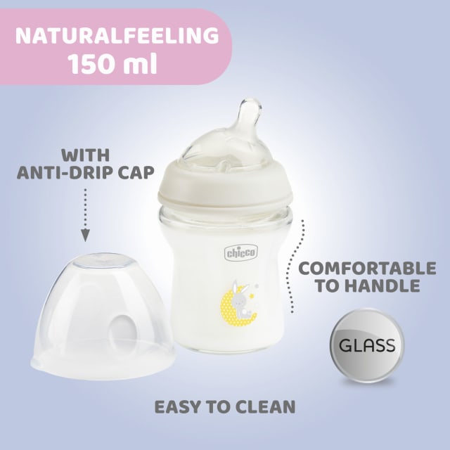 CHICCO Bottle Glass: Nat lFeeling 150ml SFlow