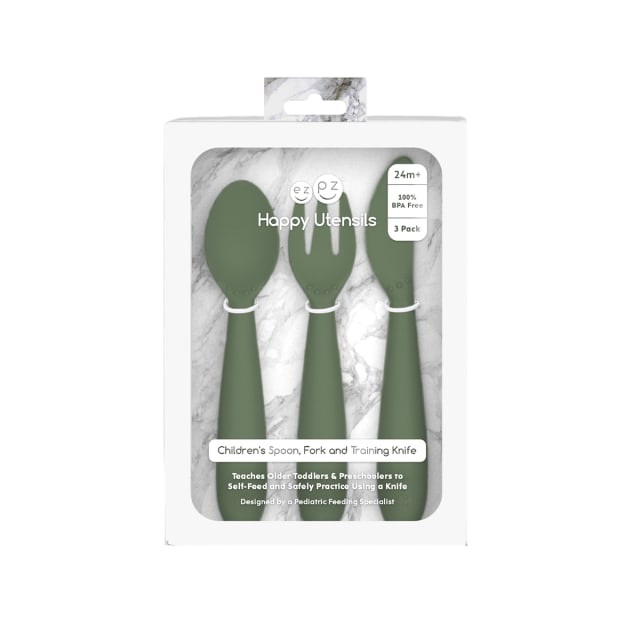 EZPZ HAPPY UTENSILS OLIVEEZPZ HAPPY UTENSILS OLIVE