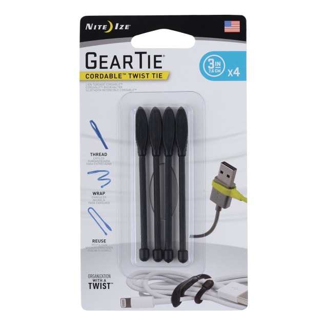 NITE IZE Gear Tie Cordable Twist Tie 3in 4Pk Black