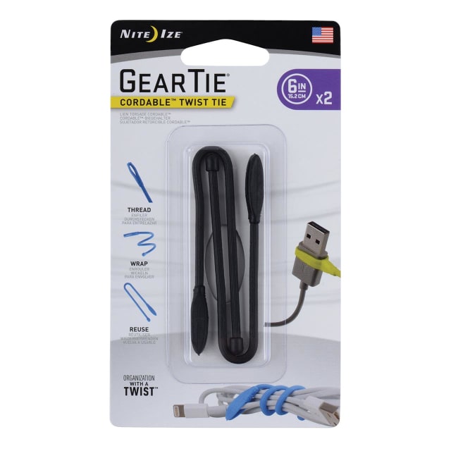NITE IZE Gear Tie Cordable Twist Tie 6 inches 2Pk Black