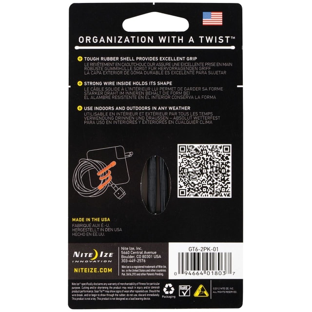 NITE IZE Gear Tie Reuse. Rub-Twst Tie 6in 2Pk Blk