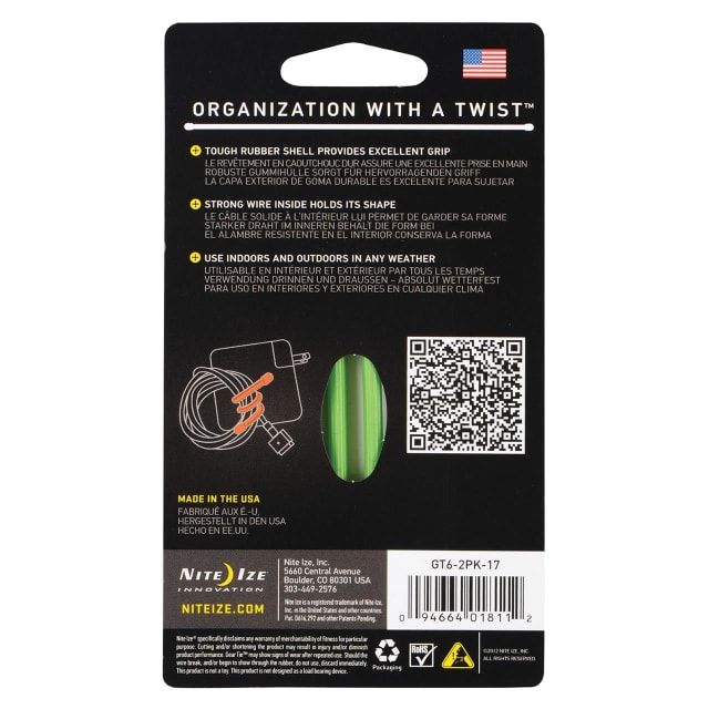 NITE IZE Gear Tie Reuse. Rub-Twst Tie 6" 2Pk Lime
