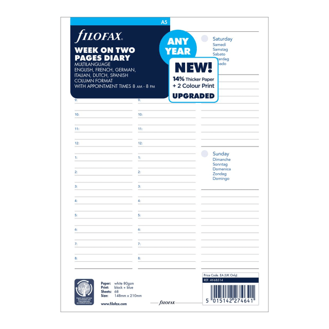 FILOFAX 20AY A5 ORGANISER REFILL ANY YEAR WTV