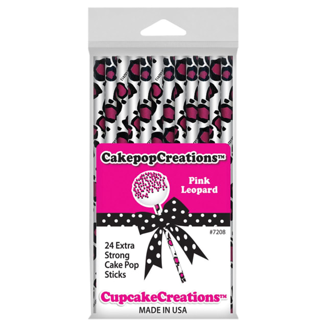 CUP CAKE CREATION 7208 15CM CAKEPOP STKS PINK LEOPARD 24PC