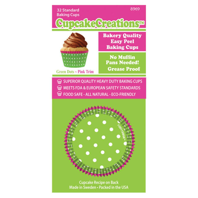 CUP CAKE CREATION STD GREEN DOTS PINK TRIM CUPCAKES 32PCS