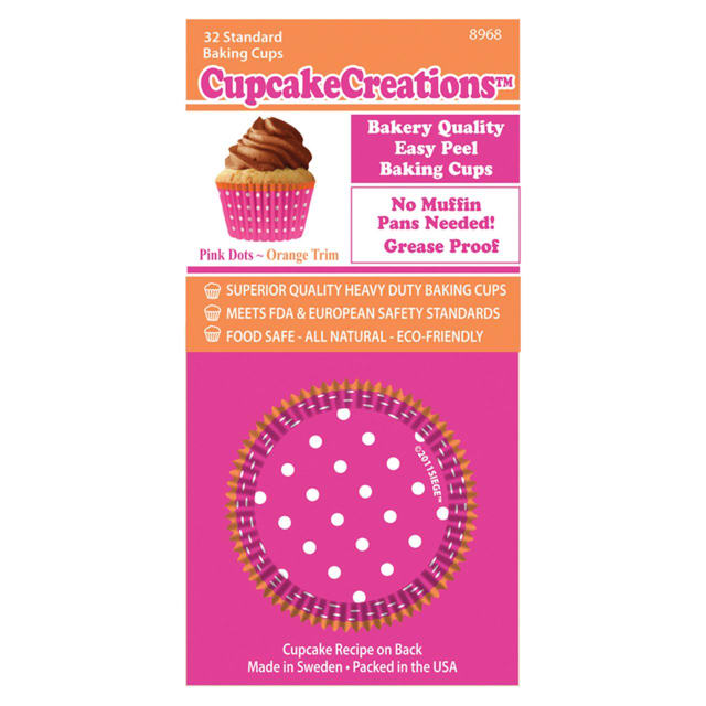 CUP CAKE CREATION STD PINK DOTS ORANGE TRIM CUPCAKES 32PCS