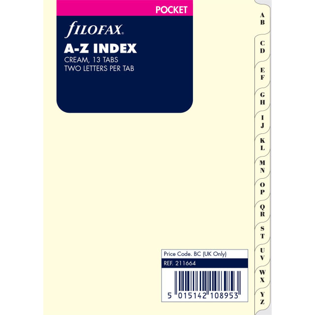FILOFAX PKT A-Z INDEX CREAM 2 LTR/TAB