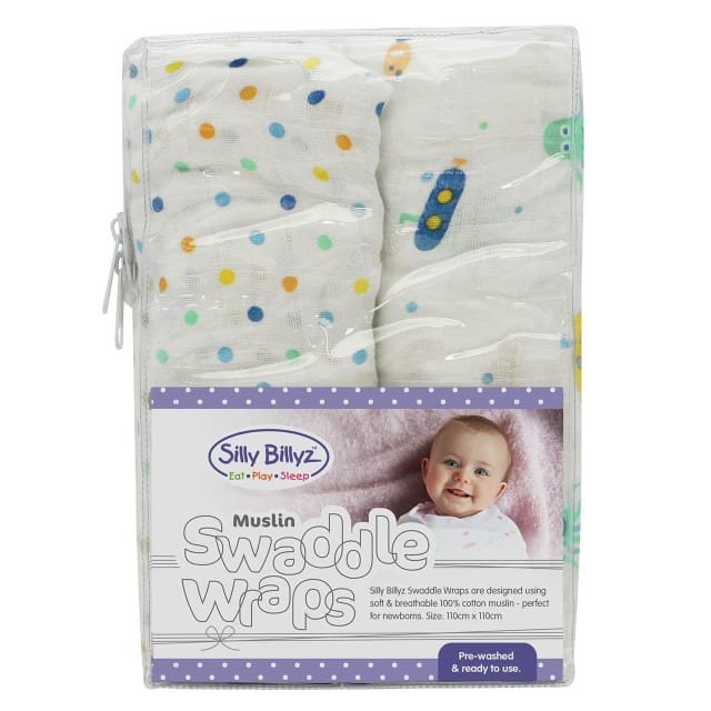 SILLY BILLYZ MUSLIN SWADDLE WRAP 2PK - BOY