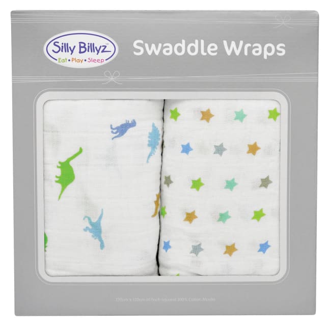 SILLY BILLYZ MUSLIN SWADDLE WRAP 2PK SET DINOSTAR
