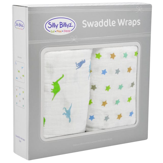 SILLY BILLYZ MUSLIN SWADDLE WRAP 2PK SET DINOSTAR