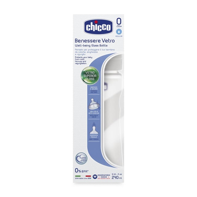 CHICCO BOTTLE GLASS: WELL-BEING SIL 0M+ 240ML
