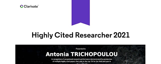 Highly Cited Researchers™ List του 2021 κατονομάζει την Αντωνία Τριχοπούλου, Πρόεδρο του Ελληνικού Ιδρύματος Υγείας μεταξύ του κορυφαίου 1% των ερευνητών