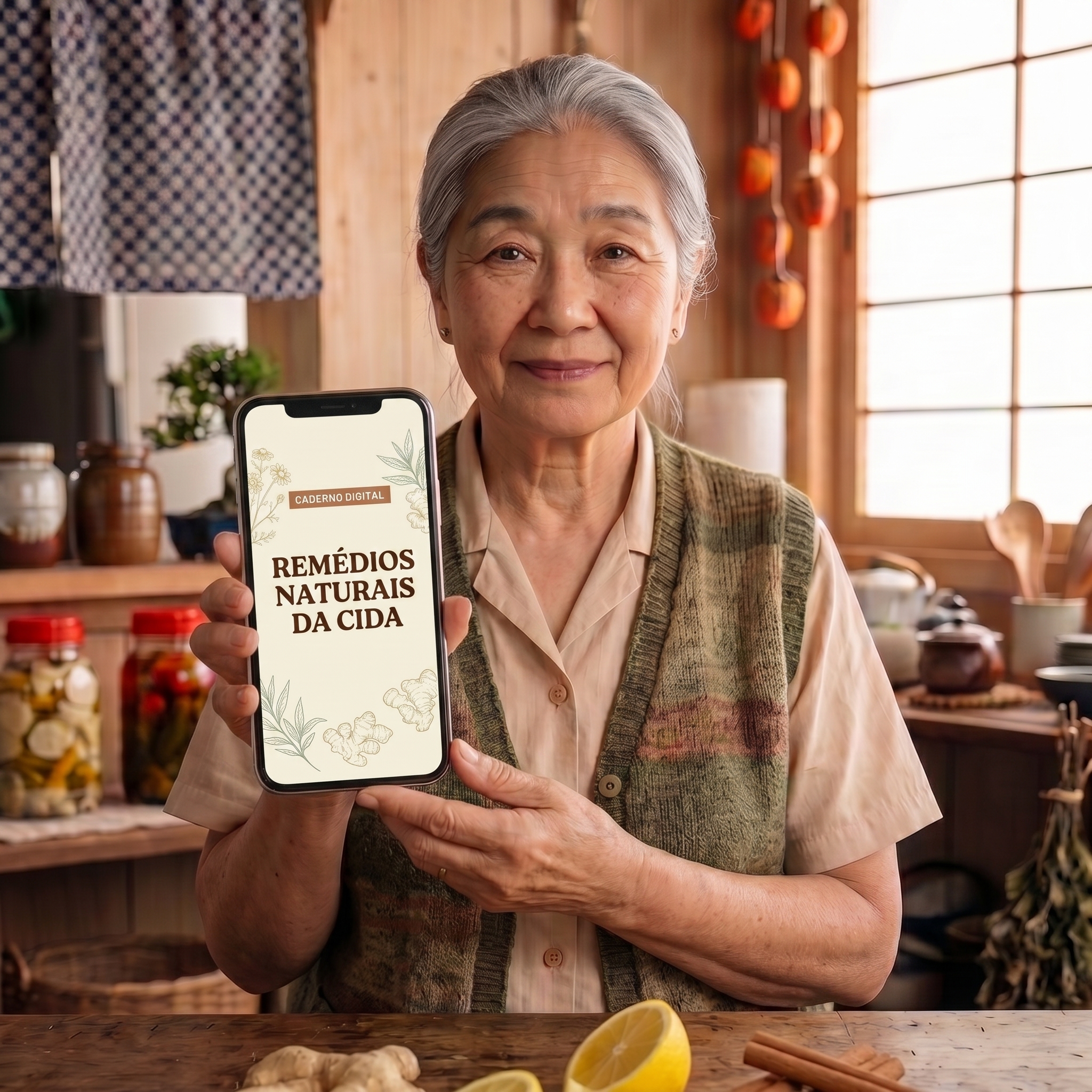 Dona Cida, senhora de cabelos brancos, segurando o celular com o caderno de receitas aberto
