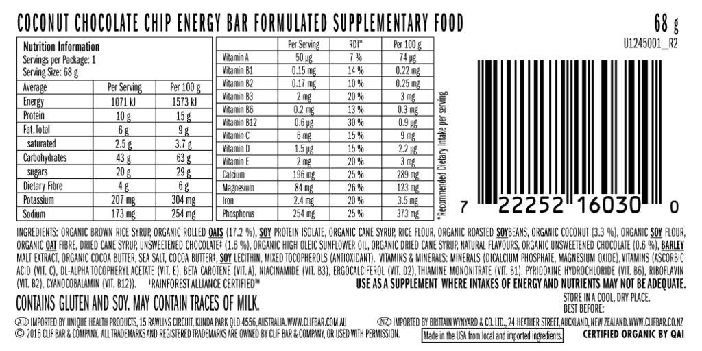 Food Clif Bar Coconut Choc Chip