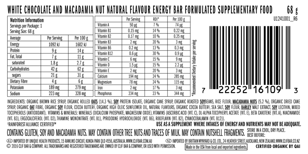 Food Clif Bar White Chocolate Macadamia