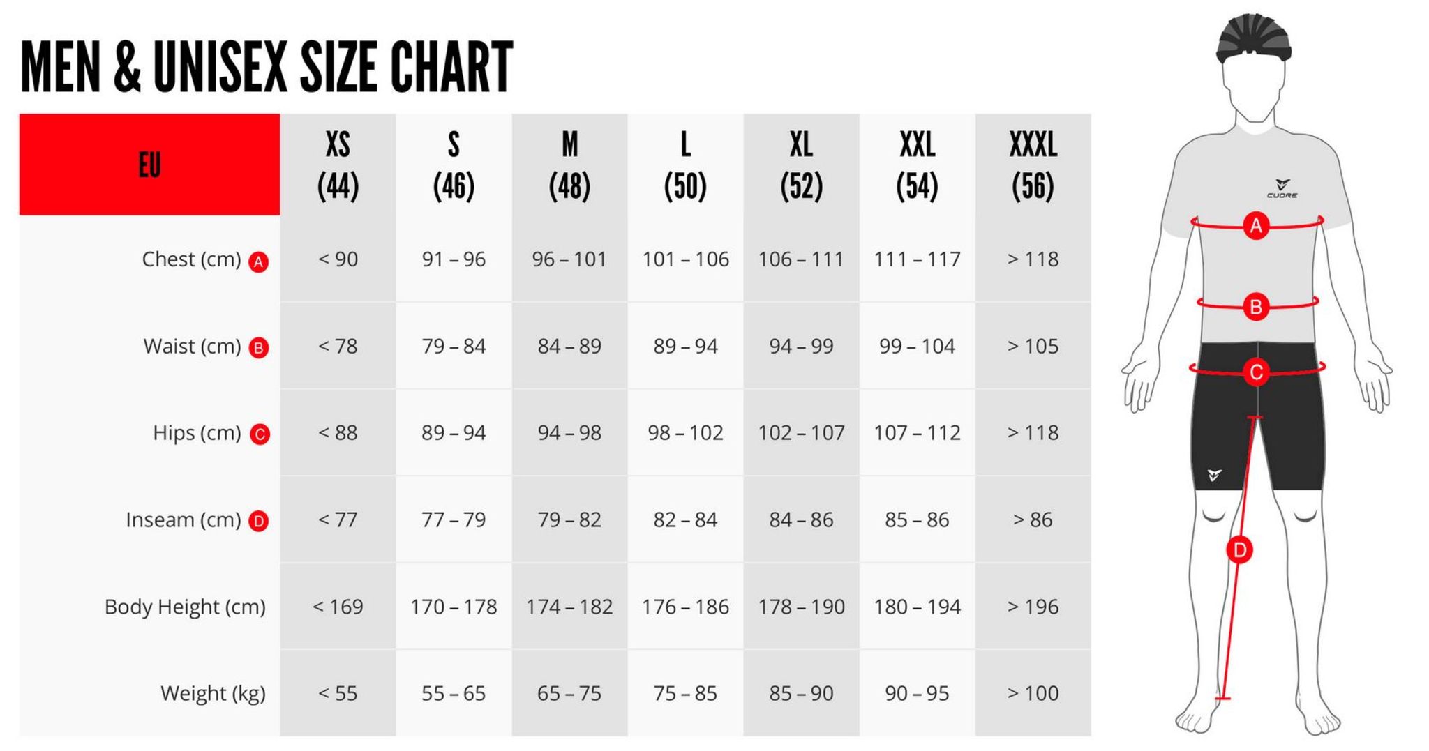 Cuore Mens/Unisex Size Guide