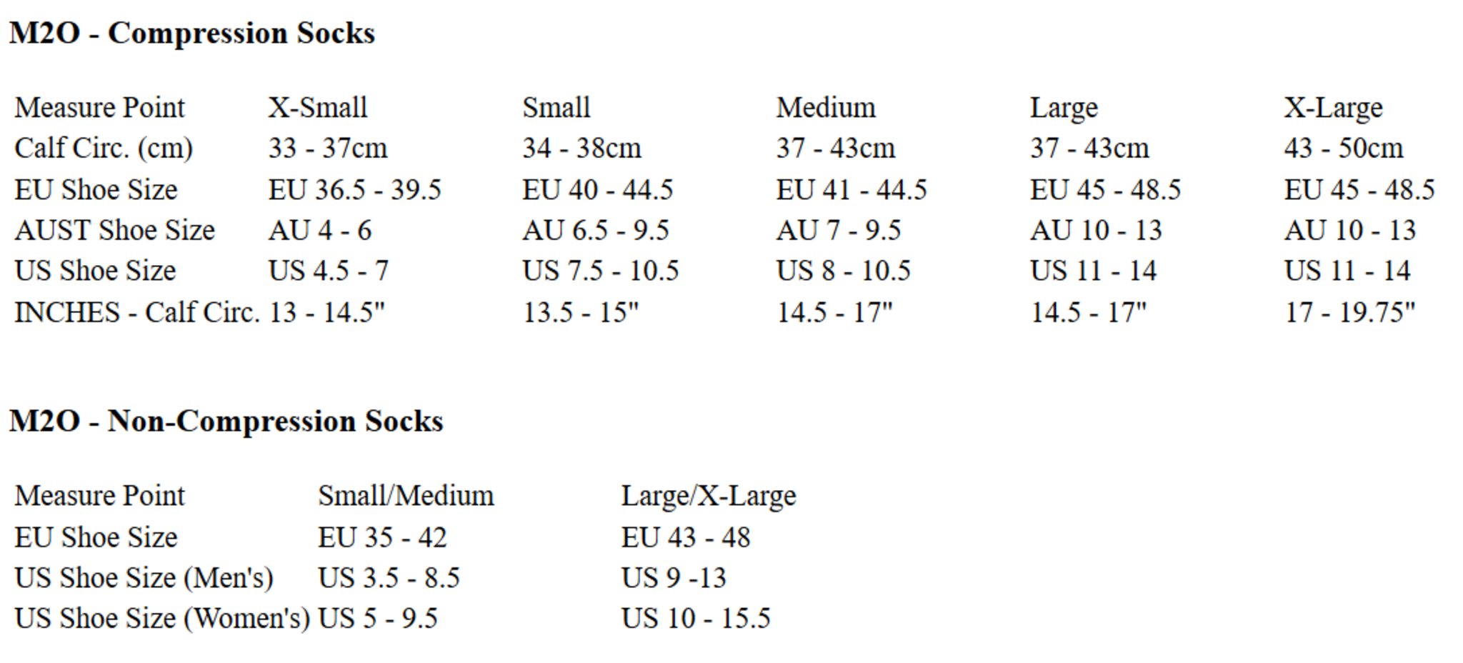 M2O Socks Sizing Guide