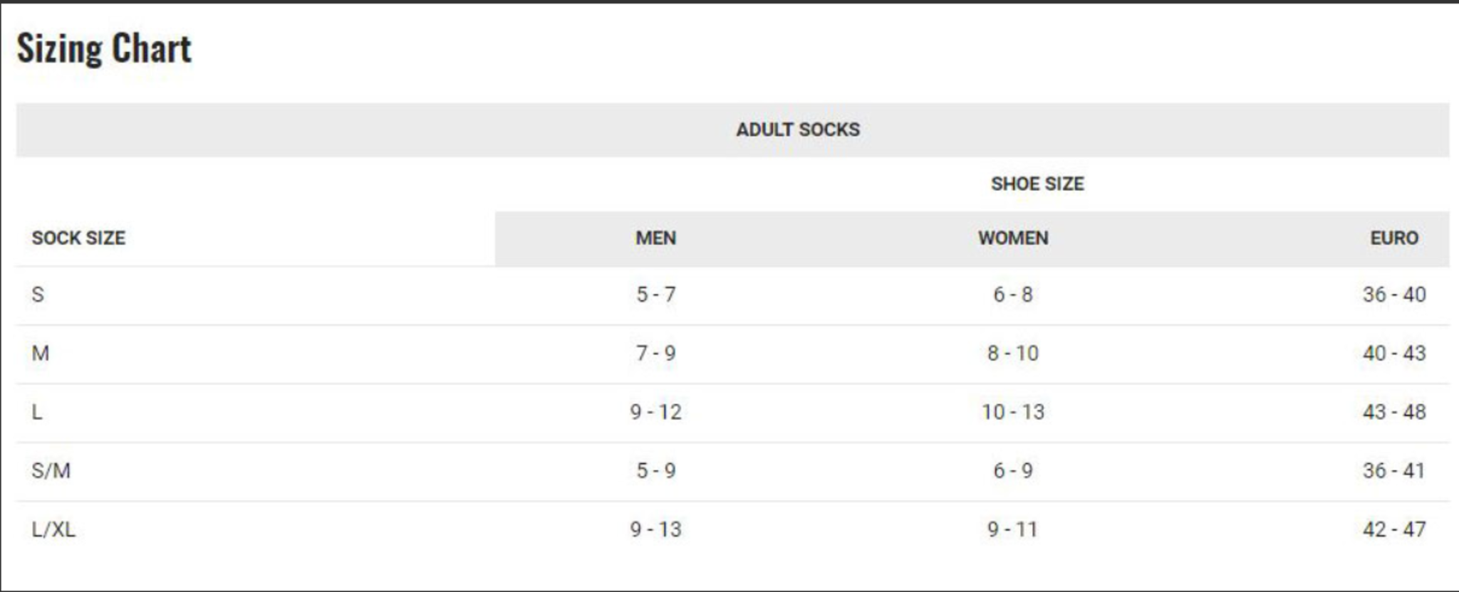 Louis Garneau Socks Sizing Guide
