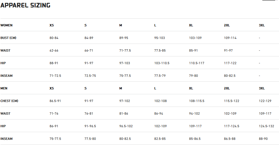 Sugoi Sizing Chart Mens Womens