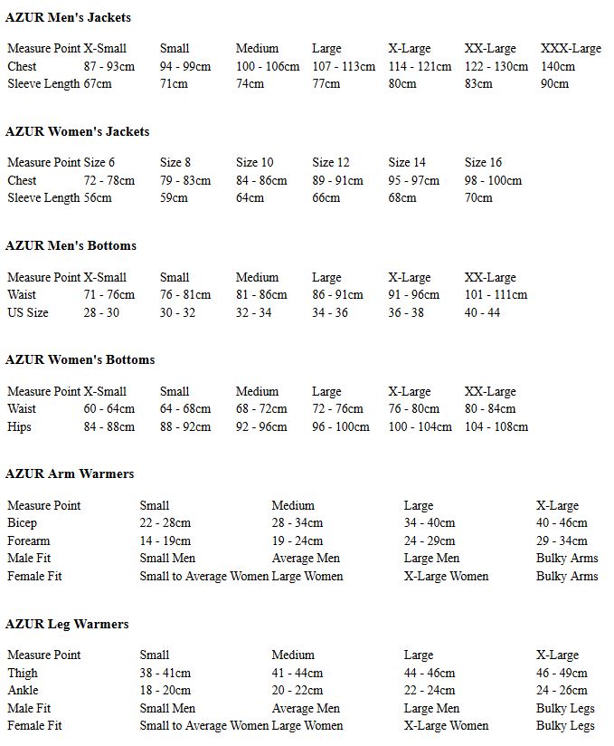Azur Clothing Size Guide