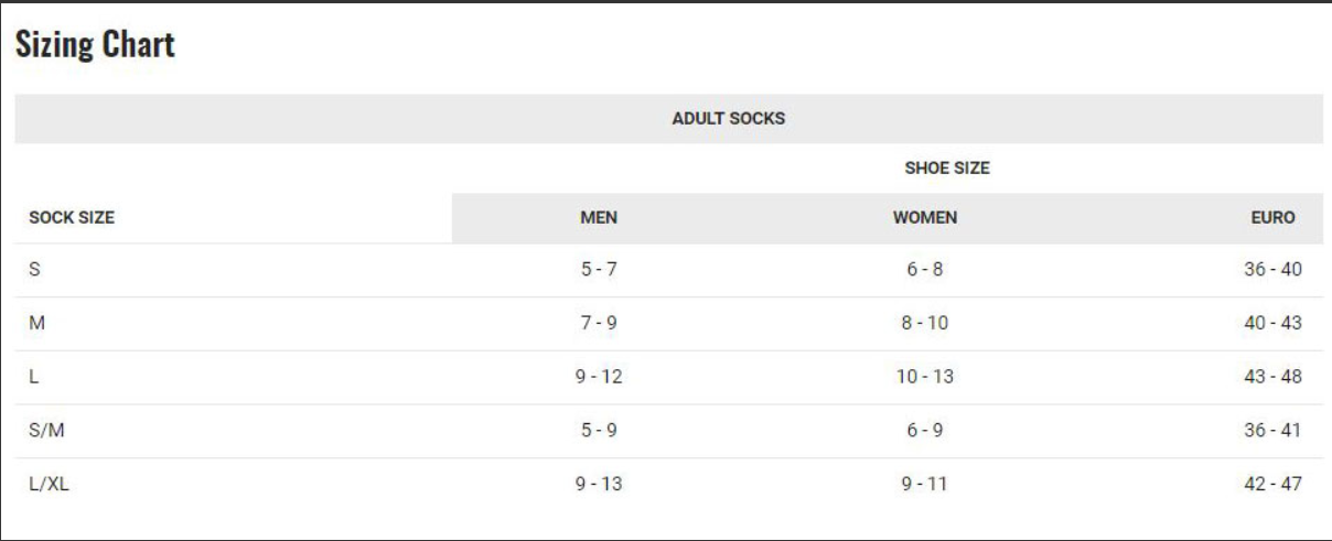 Louis Garneau Socks Sizing Guide