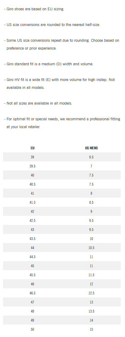 Giro Mens Shoes Size Guide