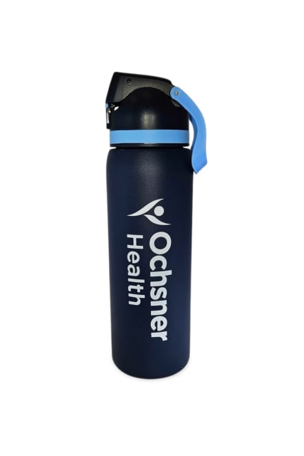 27 oz stainless steel water bottle with double-wall vacuum insulated construction and push-button, flip-top lid.