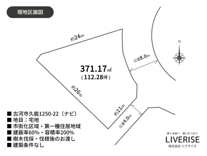 古河市久能土地 100坪以上  角地 下大野小間取り・平面図古河市の不動産・土地・戸建・マンション・賃貸・売却査定・リブライズ